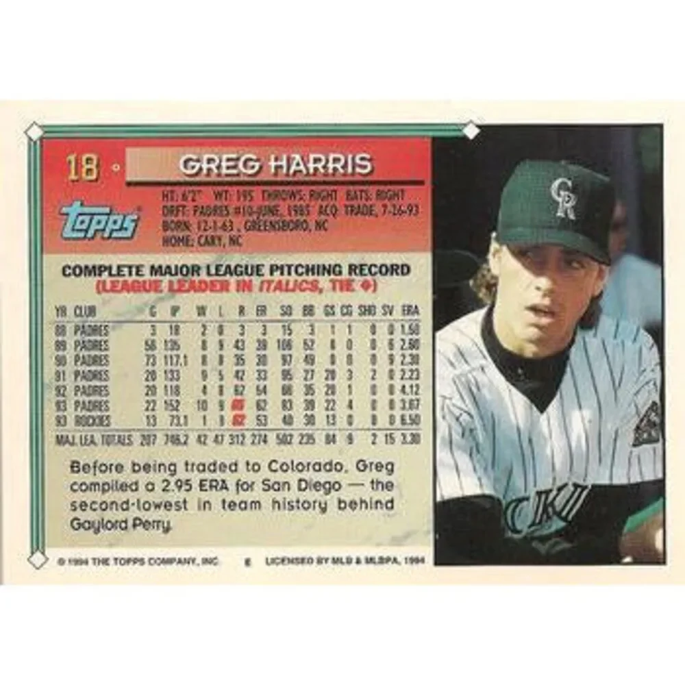 1994 Topps Greg Harris # 18 Colorado Rockies